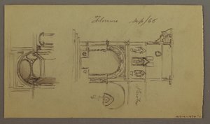 Dibujo, Valle montañoso, puente, edificios, posiblemente 1868-69
