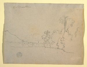 Dibujo, Orilla montañosa de una bahía, Sudamérica, 1853