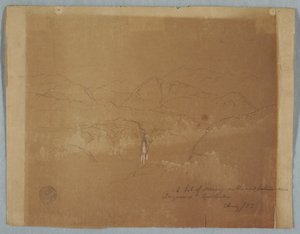 Dibujo, Paisaje montañoso con una cascada, cerca de Tuquerres, Colombia, agosto de 1853 de Frederic Edwin Church