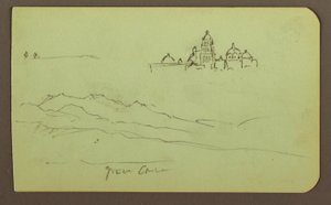 Dibujo, Montañas, Iglesia; Verso: Figuras, Iglesia, 1883 de Frederic Edwin Church