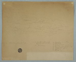 Dibujo, Lluvia cayendo de un cielo nublado sobre crestas montañosas, Hacienda Chillo, Ecuador, 27 de julio de 1857 de Frederic Edwin Church