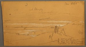 Dibujo, Río a través de un valle montañoso con cielo y luna creciente, noviembre de 1866 de Frederic Edwin Church