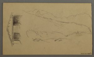 Dibujo, tejados, puerta, picos de montaña, agosto de 1868 de Frederic Edwin Church