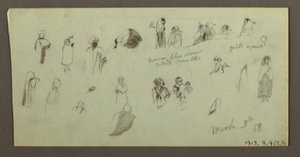 Dibujo, Tejados mirando al mar, puerta de una casa, 7 de marzo de 1868
