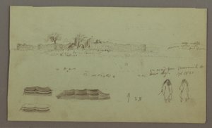 Dibujo, Ruinas rodeadas de muros, tiendas, dos estudios de figuras, 28 de abril de 1868 de Frederic Edwin Church