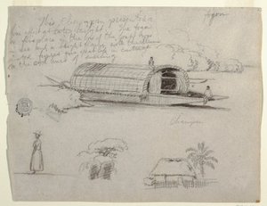 Dibujo, Bocetos de Colombia - Embarcación Fluvial (Champán), una Mujer, Grupo de Árboles, una Casa de Frederic Edwin Church