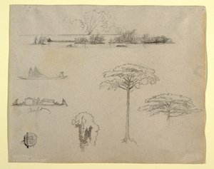 Dibujo, Bocetos de Colombia: Paisaje fluvial, hombres en balsas y árboles, 1853