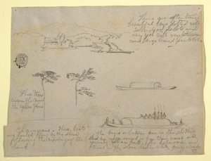 Dibujo, Bocetos de Colombia: Árboles y embarcaciones fluviales (Champans), 1853 de Frederic Edwin Church