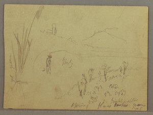 Dibujo, Bocetos de Italia: Edificio con torre, montaña y hombre, 29 de abril de 1869 de Frederic Edwin Church