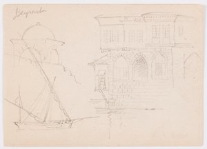 Dibujo, Bocetos de una estructura abovedada, barco y casa señorial, enero de 1868 de Frederic Edwin Church