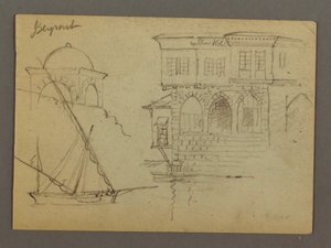 Dibujo, Bocetos de una estructura abovedada, barco y casa señorial, enero de 1868 de Frederic Edwin Church