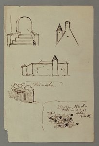 Dibujo, escalera, tejado con torre, muro de piedra, posiblemente 1869