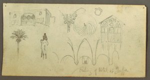 Dibujo, Casa señorial, Figura a caballo, Camello, Estudios arquitectónicos, Palmera, posiblemente 1868 de Frederic Edwin Church