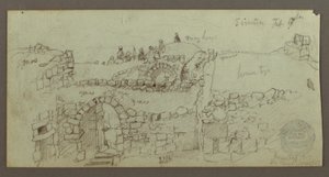 Dibujo, edificio de piedra, hombres reunidos en el tejado, 17 de febrero, posiblemente 1868 de Frederic Edwin Church
