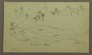 Dibujo, Estudios de figuras sobre asnos y Asnos, figura sobre la cordillera, posiblemente 1868 de Frederic Edwin Church