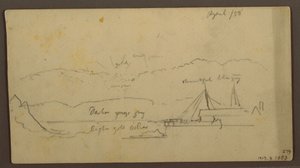 Dibujo, Puesta de sol sobre ribera con barco, 1858 de Frederic Edwin Church
