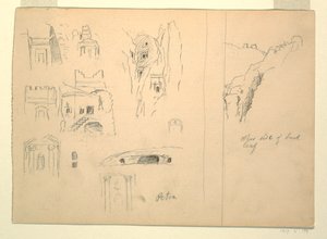 Dibujo, Diez estudios de tumbas y una vista de rocas, Petra, Jordania, 26 de febrero de 1868 de Frederic Edwin Church