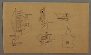 Dibujo, Casa de madera, dos veleros, estudios del tejado, posiblemente 1868