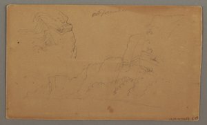 Dibujo, Casa de madera, dos veleros, estudios del tejado, posiblemente 1868