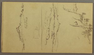 Dibujo, Pueblo bajo la cima de una montaña, Pueblo en la cima de una colina, posiblemente 1868-69