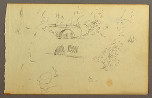 Dibujo, Árboles, puente, caras de perfil, posiblemente 1844
