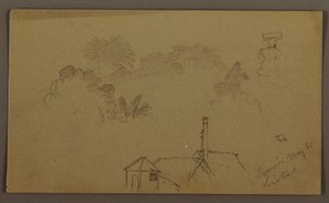 Dibujo, Árboles, figura, casa Linstead, mayo 1865
