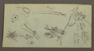 Dibujo, Dos figuras montando a caballo, portando lanzas, espadas, la parte inferior de un cañón, etc., posiblemente 1868 de Frederic Edwin Church