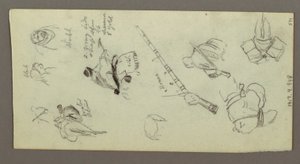 Dibujo, Dos figuras montando a caballo, portando lanzas, espadas, la parte inferior de un cañón, etc., posiblemente 1868 de Frederic Edwin Church