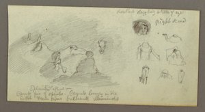 Dibujo, Dos figuras y dos camellos junto a una hoguera, Estudios de figuras y camellos, posiblemente 1868 de Frederic Edwin Church