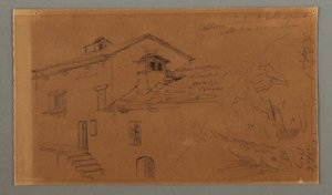 Dibujo, Dos casas, Roca, posiblemente 1868