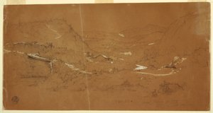 Dibujo, Valle con un puente y casas, cerca de Guaranda, Ecuador, 5 de junio de 1857 de Frederic Edwin Church