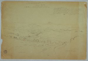 Dibujo, Vista cerca de Popayán incluyendo el volcán Monte Purese,Río Cauca, Colombia, 8 de agosto de 1853. de Frederic Edwin Church