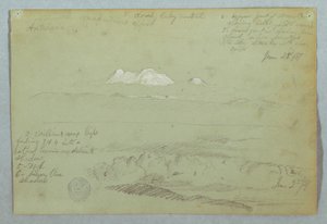 Dibujo, Vistas del volcán Artisana desde o cerca de Quito, y un cielo nublado sobre una cresta montañosa, Ecuador, 23 de junio de 1857. de Frederic Edwin Church