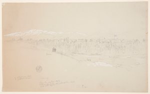 Dibujo, aldea de Kuseiyeh, Monte Líbano a lo lejos, mayo de 1868