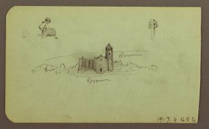 Dibujo, colinas, iglesia, puente; Verso: figura, cruz, iglesia, 1883 de Frederic Edwin Church