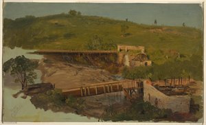 Colina con viaductos y molinos en ruinas, cerca de Catskill, Nueva York