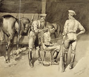 Un corte de pelo en un establo de caballería de Frederic Remington
