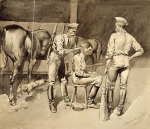 Un corte de pelo en un establo de caballería, c.1893