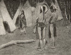 Y sus amantes, los rechazados,... Hombres guapos con pintura y plumas, de La canción de Hiawatha de Henry Wadsworth Longfellow, pub. por George G. Harrap und Company Ltd., 1911 de Frederic Remington