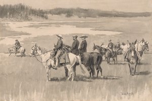En las Cabeceras--Burgess Encontrando un Vado, ca. 1893 de Frederic Remington