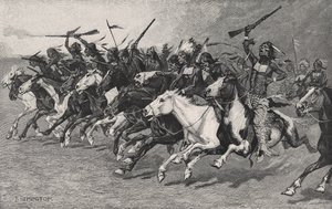La carga en el poste del sol de Frederic Remington