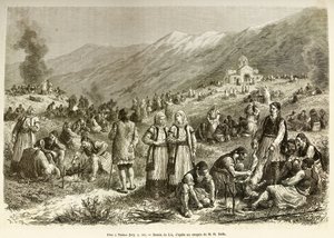 Una fiesta en Tebas, la del careme de la Virgen, que reúne a todos los habitantes de la ciudad y sus alrededores, cada familia roba una oveja para la ocasión, en primer plano, los hombres preparan el animal antes de cocinarlo. Grabado después del dibujo de