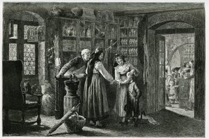 En la farmacia del pueblo de Kaysersberg (o Kaisersberg, Alsacia), una consulta de emergencia. Grabado por F. Lix, para ilustrar la historia “Through Alsace and Lorraine”, en 1884, por Charles Grad (1842-1890), diputado, escritor y naturalista alemán. de Frederic Theodore Lix