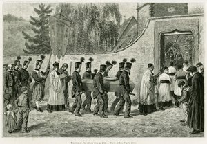 Entierro de un minero. Grabado de Lix, para ilustrar la historia A través de Alsacia y Lorena, en 1887, por Charles Grad, diputado alemán, en Le Tour du monde 1888, dirigido por Edouard Charton (1807-1890), Hachette, París.