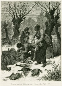 Atrapar patos en la red. Grabado por Lix, para ilustrar la historia A través de Alsacia y Lorena, en 1887, por Charles Grad, diputado alemán, en le tour du monde 1888, dirigido por Edouard Charton (1807-1890), Hachette, París. de Frederic Theodore Lix