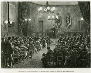 Conferencia a los trabajadores de los talleres Dollfus Mieg, en Dornach. Grabado por Lix para ilustrar la historia A través de Alsacia y Lorena, por Charles Grad, diputado alemán, en 1885, en Le tour du monde 1886, dirigido por Edouard Charton (1807-1890),
