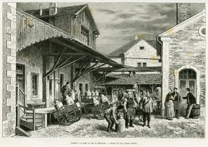 Lechería en el Salón de la Leche de Mulhouse. Grabado de Lix para ilustrar la historia A través de Alsacia y Lorena, por Charles Grad, diputado alemán, en 1885, en Le Tour du monde 1887, bajo la dirección de Edouard Charton (1807-1890), Hachette, París. de Frederic Theodore Lix