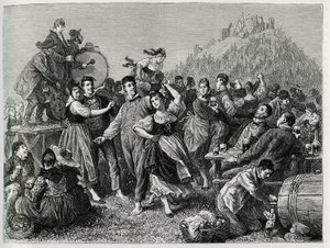 Fiesta de los pastores en el Hohneck (Vosgos), domingo después de San Juan. Grabado de F. Lix, para ilustrar la historia "A través de Alsacia y Lorena" en 1884, por Charles Grad (1842-1890), diputado alemán, escritor y naturalista. Publicado en Le Tour du 