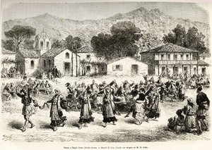 Danza folclórica en la plaza del pueblo Haggia Anna (Santa Ana). Grabado según el dibujo de Lix, para ilustrar el viaje a Grecia, por Henri Belle, en 1861-1868-1874, publicado en “Le tour du monde” 1876, editado por Edouard Charton, edición Hachette, París de Frederic Theodore Lix