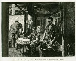 Dentro de una fábrica de quesos. Grabado de Lix, para ilustrar la historia A través de Alsacia y Lorena, de Charles Grad, diputado alemán, en 1885, en Le Tour du Monde 1887, bajo la dirección de Edouard Charton (1807-1890), Hachette, París.